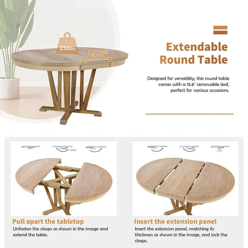 Ensemble de table à manger ronde extensible en bois massif pour 4 personnes, pour cuisine et salle à manger, style ferme