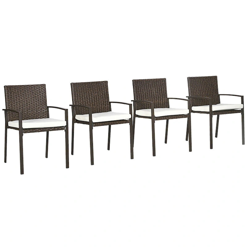 Outsunny Lot de 4 chaises de salle à manger d'extérieur en rotin PE avec coussins, ensemble de chaises de salle à manger en osier pour terrasse avec dossier et accoudoirs