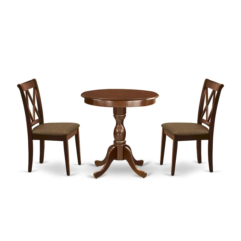 East West Furniture Ensemble de salle à manger 3 pièces - Table de cuisine ronde avec piédestal et 2 chaises de salle à manger, Acajou (Options d'assise)