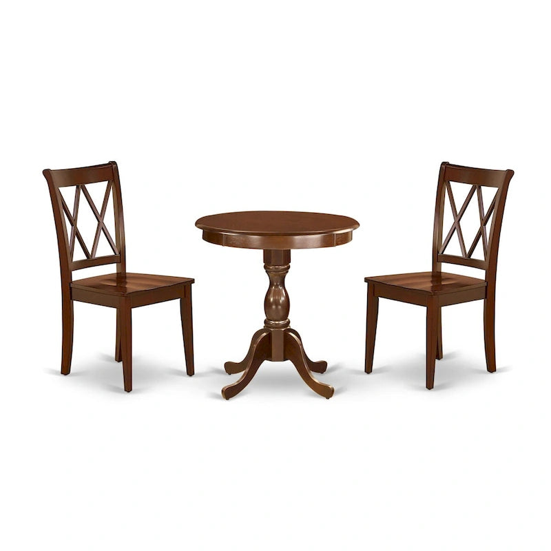 East West Furniture Ensemble de salle à manger 3 pièces - Table de cuisine ronde avec piédestal et 2 chaises de salle à manger, Acajou (Options d'assise)