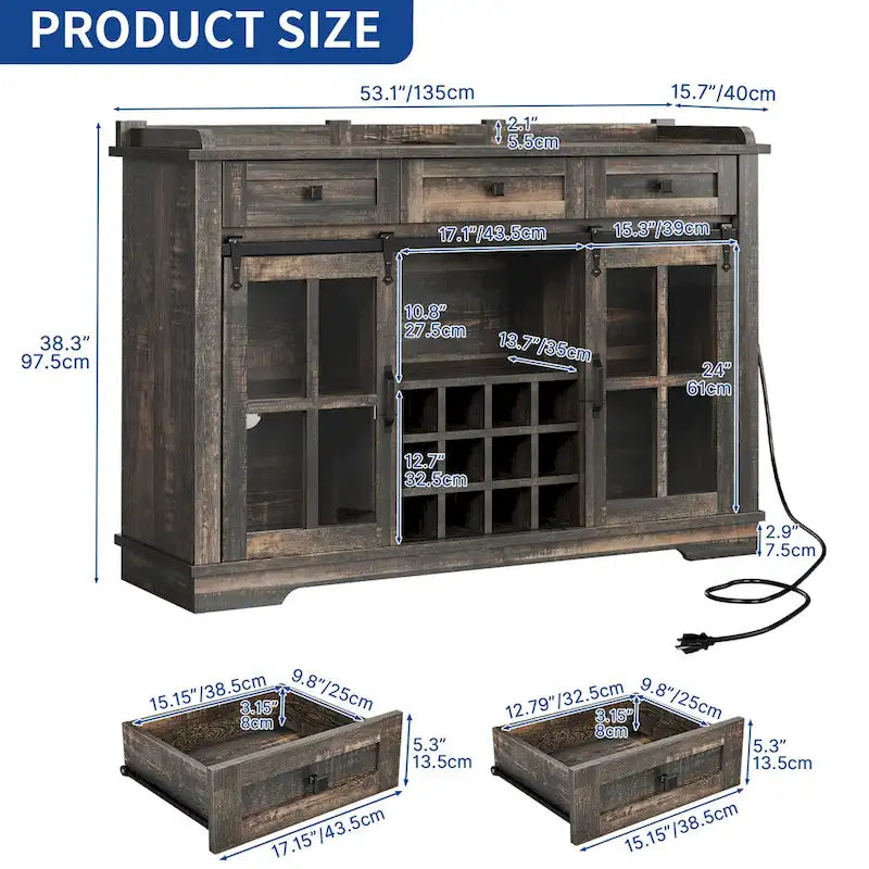 Moasis Farmhouse Buffet avec Rangement pour Bouteilles de Vin et Tiroirs