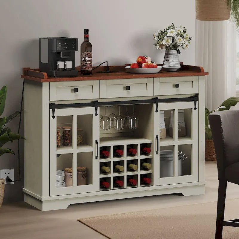 Moasis Farmhouse Buffet avec Rangement pour Bouteilles de Vin et Tiroirs