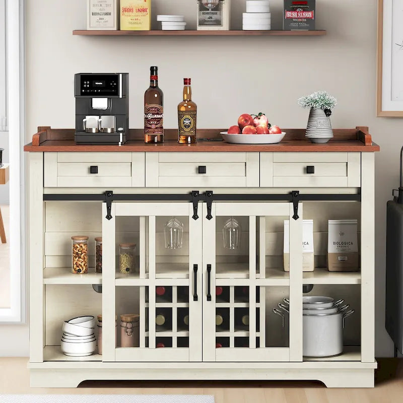 Moasis Farmhouse Buffet avec Rangement pour Bouteilles de Vin et Tiroirs