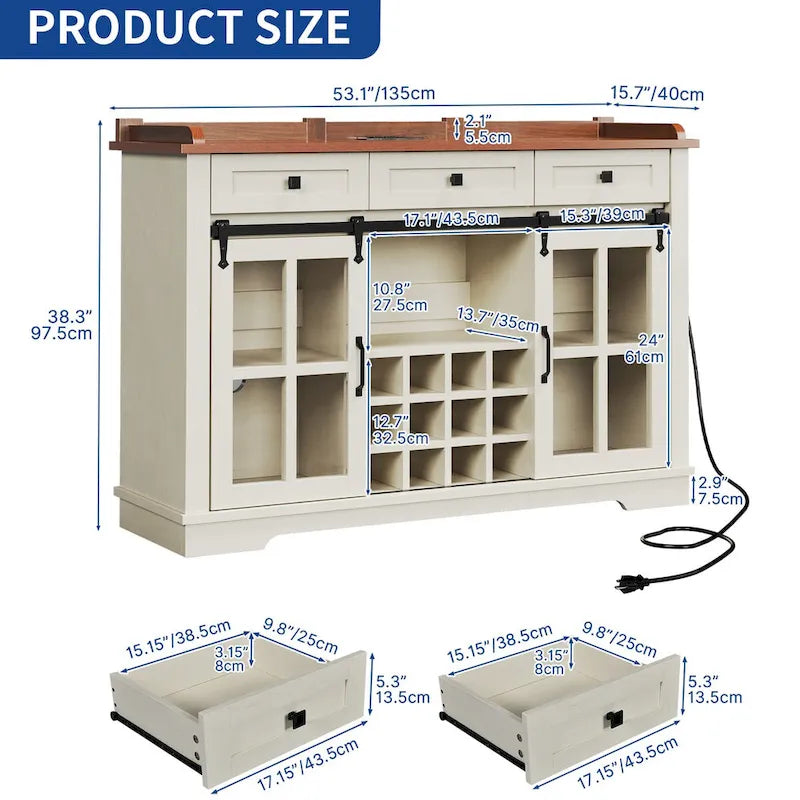 Moasis Farmhouse Buffet avec Rangement pour Bouteilles de Vin et Tiroirs