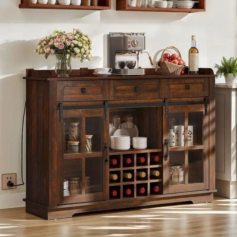 Moasis Farmhouse Buffet avec Rangement pour Bouteilles de Vin et Tiroirs