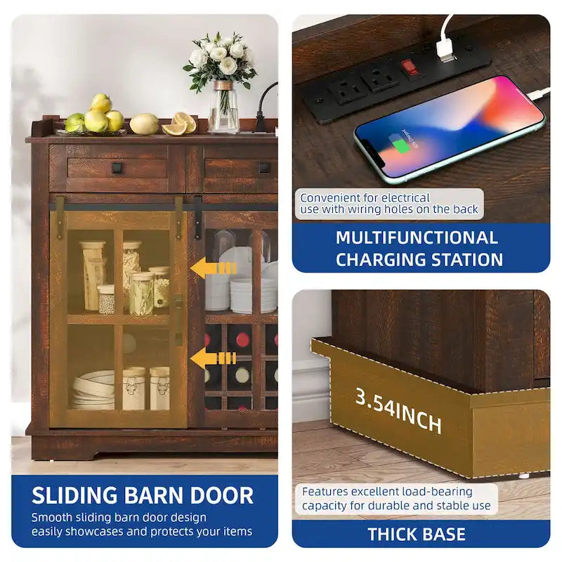 Moasis Farmhouse Buffet avec Rangement pour Bouteilles de Vin et Tiroirs