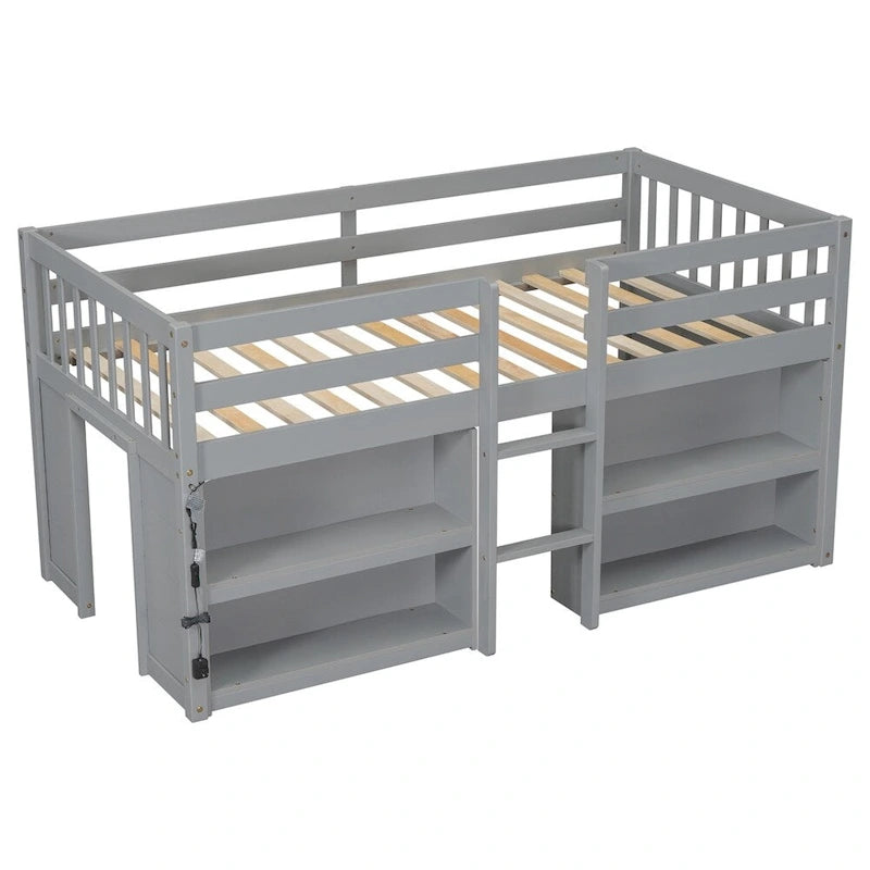 Lit mezzanine en bois, taille double, avec étagères à deux niveaux et lumière LED