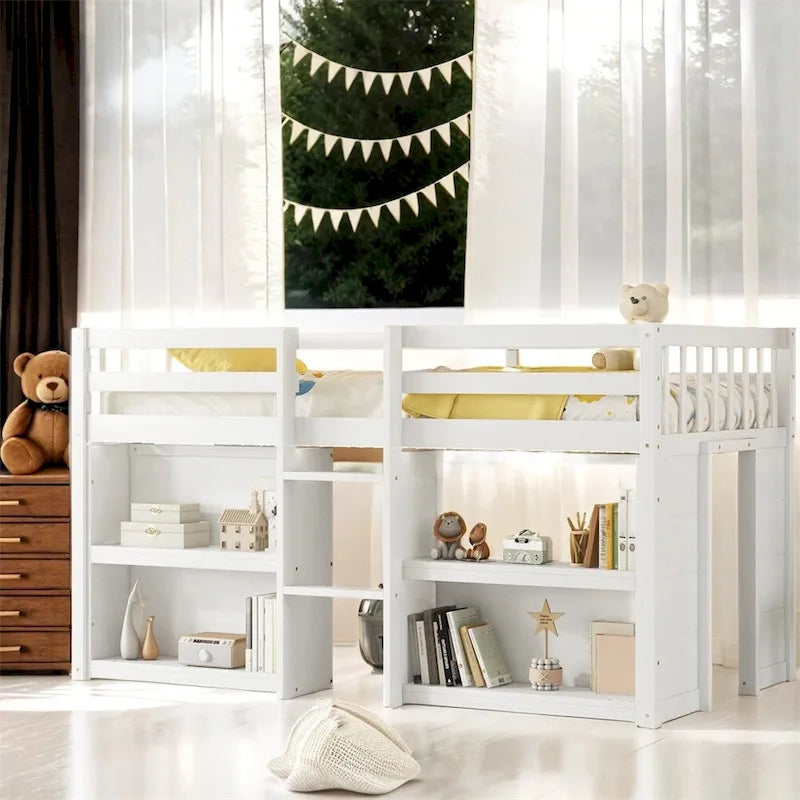 Lit mezzanine en bois, taille double, avec étagères à deux niveaux et lumière LED
