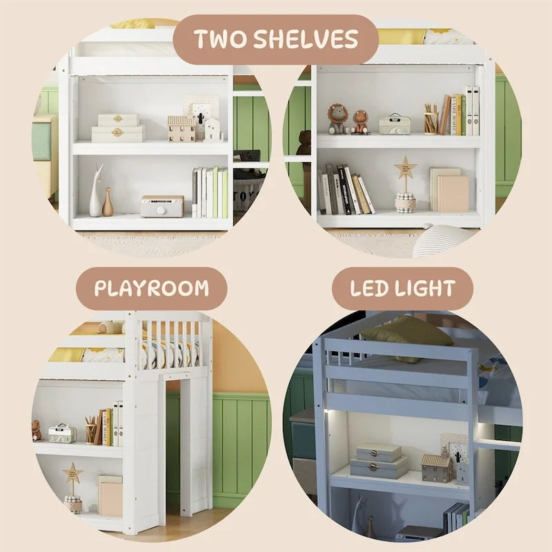 Lit mezzanine en bois, taille double, avec étagères à deux niveaux et lumière LED