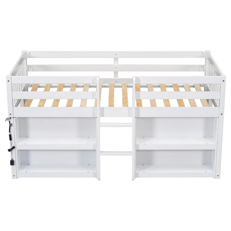 Lit mezzanine en bois, taille double, avec étagères à deux niveaux et lumière LED