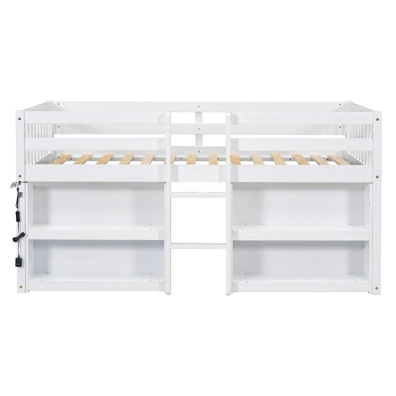 Lit mezzanine en bois, taille double, avec étagères à deux niveaux et lumière LED