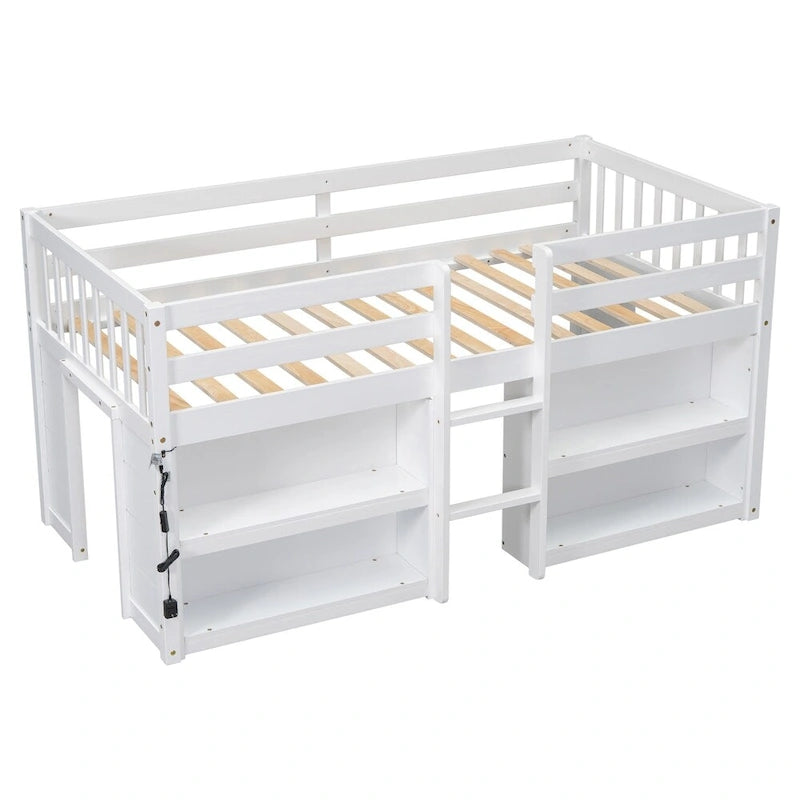 Lit mezzanine en bois, taille double, avec étagères à deux niveaux et lumière LED