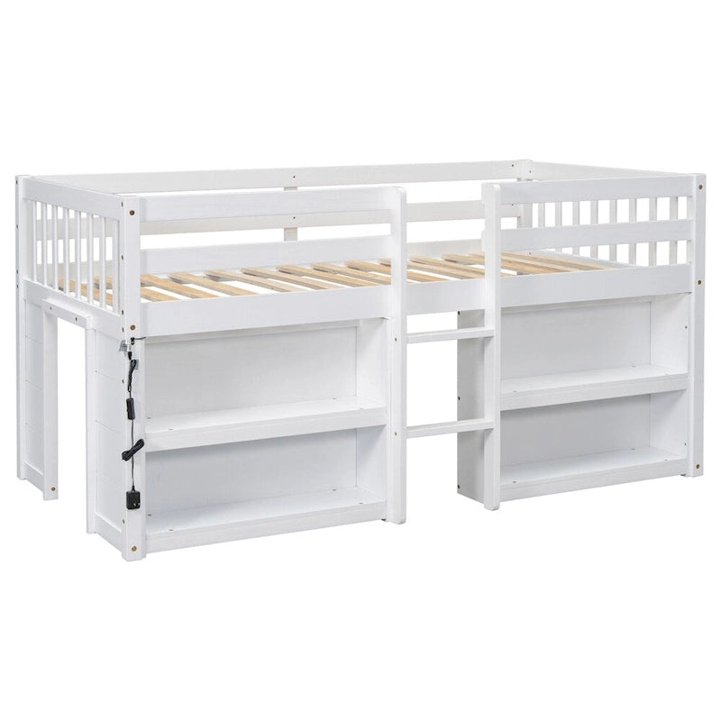 Lit mezzanine en bois, taille double, avec étagères à deux niveaux et lumière LED