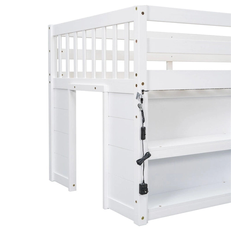 Lit mezzanine en bois, taille double, avec étagères à deux niveaux et lumière LED