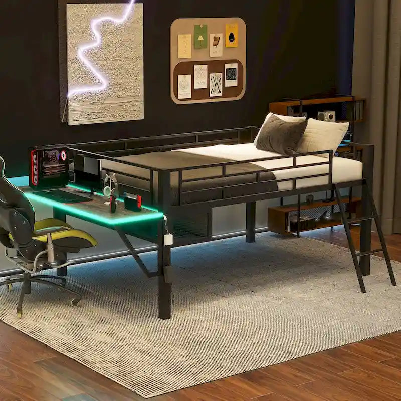 Lit mi-hauteur pour joueur, taille complète, avec bureau et rangement intégrés, éclairage LED
