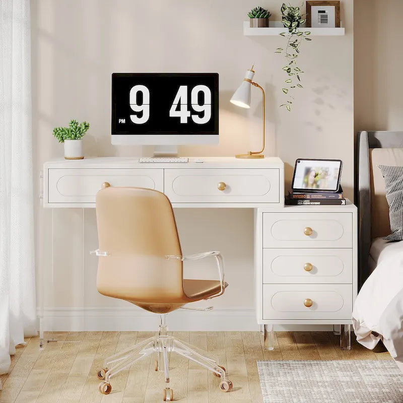 Bureau informatique blanc à 5 tiroirs avec piètement en acrylique pour bureau à domicile
