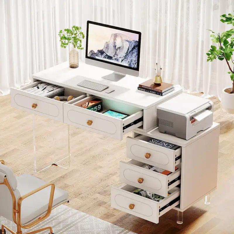 Bureau informatique blanc à 5 tiroirs avec piètement en acrylique pour bureau à domicile