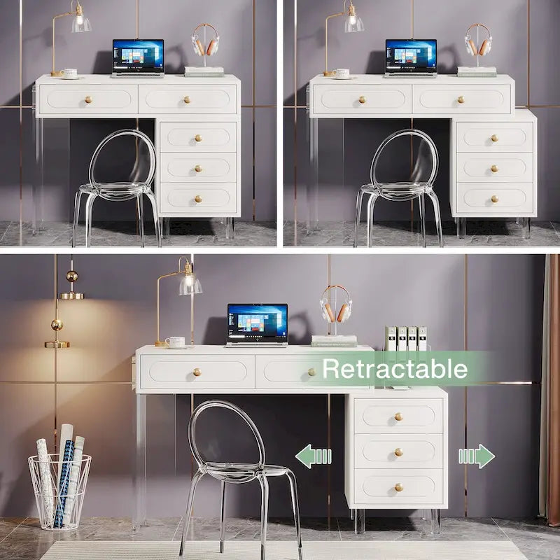 Bureau informatique blanc à 5 tiroirs avec piètement en acrylique pour bureau à domicile