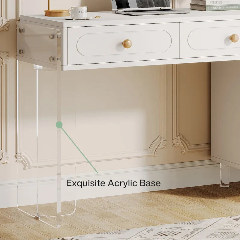 Bureau informatique blanc à 5 tiroirs avec piètement en acrylique pour bureau à domicile