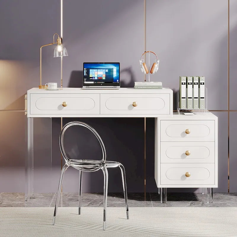 Bureau informatique blanc à 5 tiroirs avec piètement en acrylique pour bureau à domicile