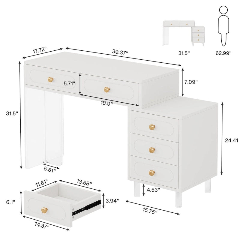Bureau informatique blanc à 5 tiroirs avec piètement en acrylique pour bureau à domicile