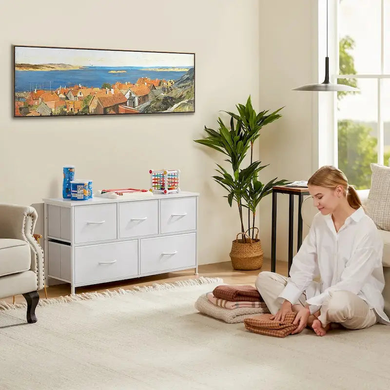 Commode de chambre à coucher avec 5 tiroirs en tissu, grandes unités de rangement pour vêtements, placard, chambre d'enfant, tour de rangement avec placard