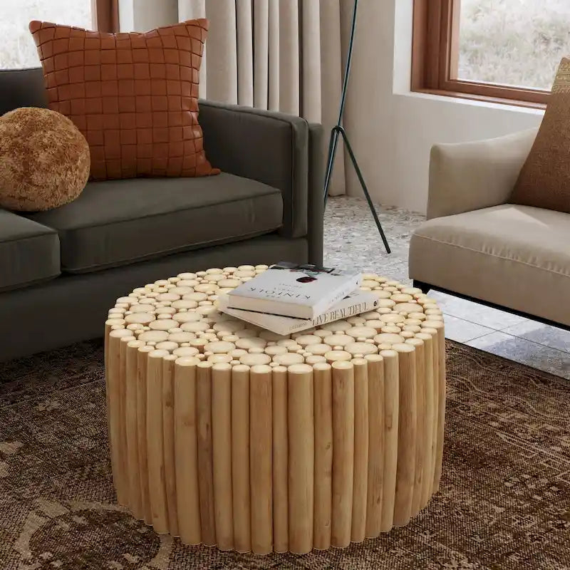Table basse en teck massif marron naturel rond en forme de fagot de branches par East at Main