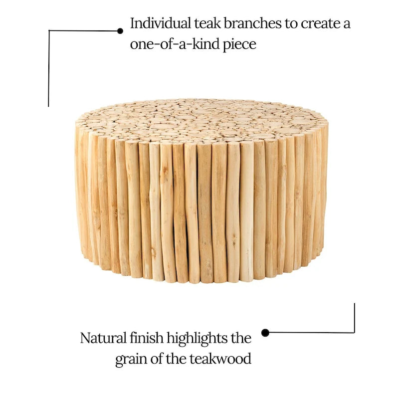 Table basse en teck massif marron naturel rond en forme de fagot de branches par East at Main