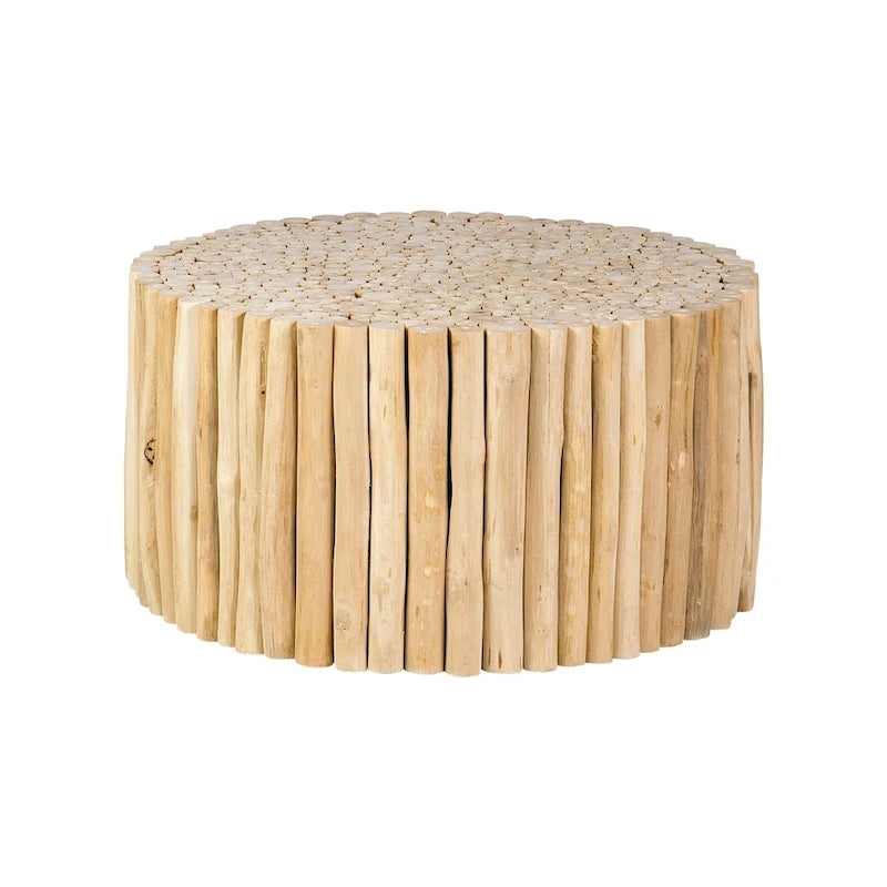 Table basse en teck massif marron naturel rond en forme de fagot de branches par East at Main