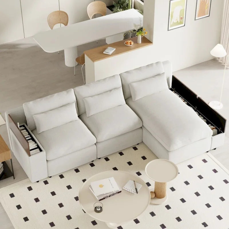 Canapé modulaire d'angle avec coussins de dossier amovibles et espace de rangement