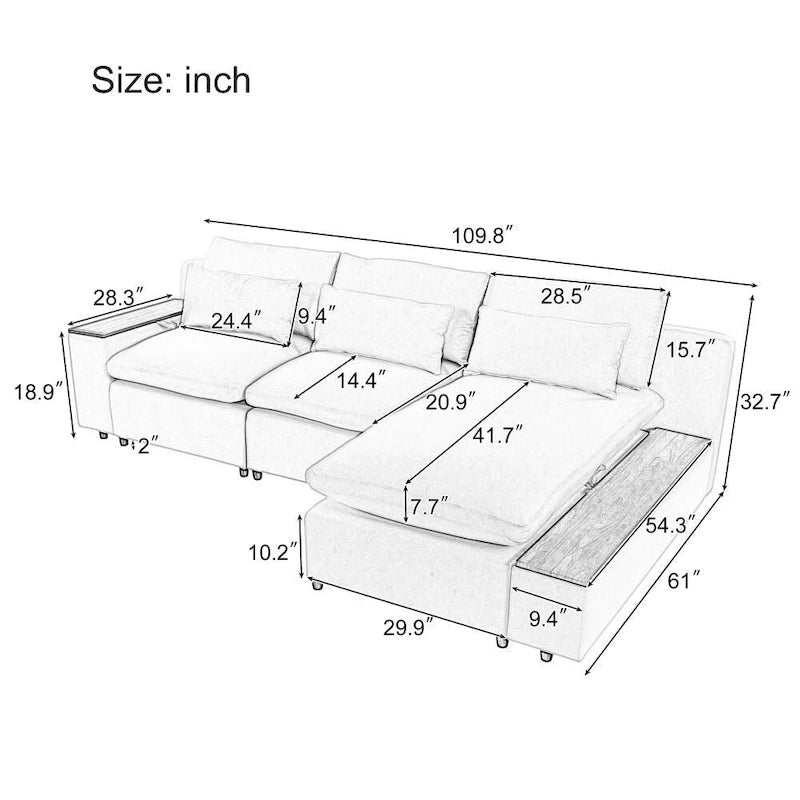 Canapé modulaire d'angle avec coussins de dossier amovibles et espace de rangement