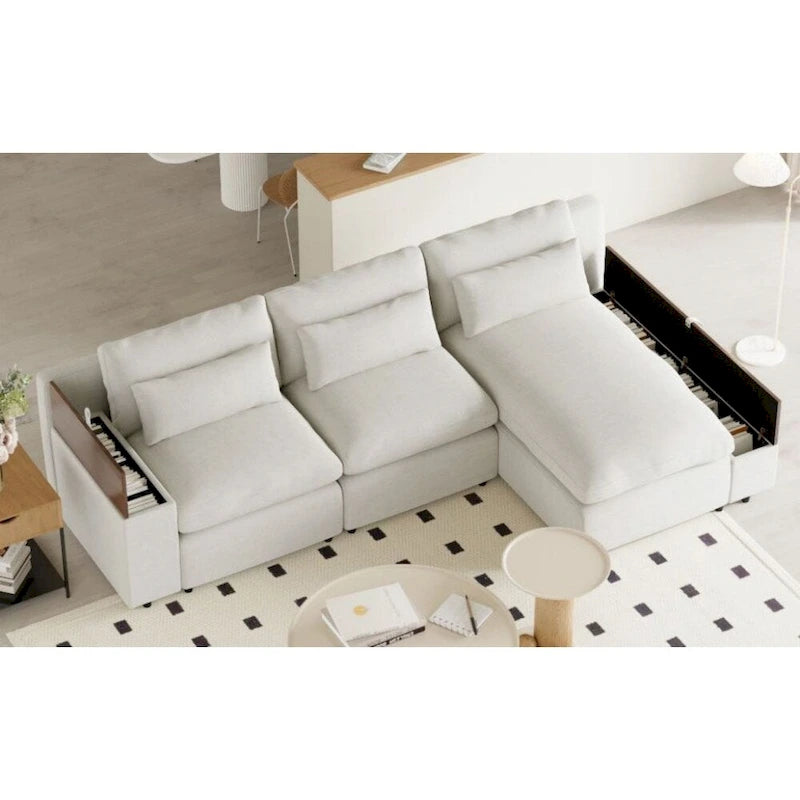 Canapé modulaire d'angle avec coussins de dossier amovibles et espace de rangement