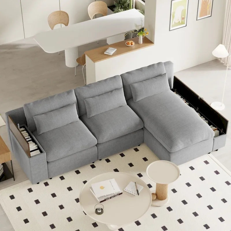 Canapé modulaire d'angle avec coussins de dossier amovibles et espace de rangement