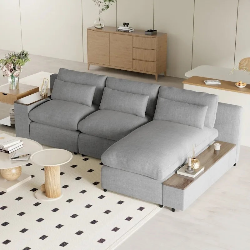 Canapé modulaire d'angle avec coussins de dossier amovibles et espace de rangement