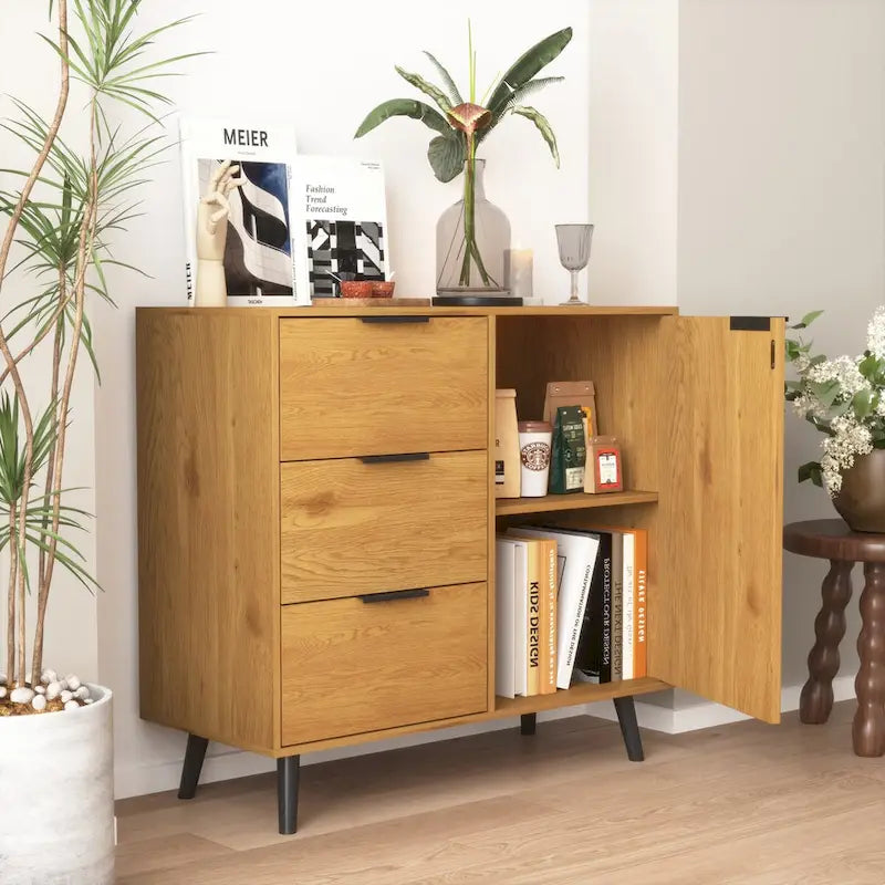 Meuble de rangement avec 3 tiroirs et une étagère réglable, buffet style Mid-Century avec porte, meuble d'appoint pour salon, bureau à domicile