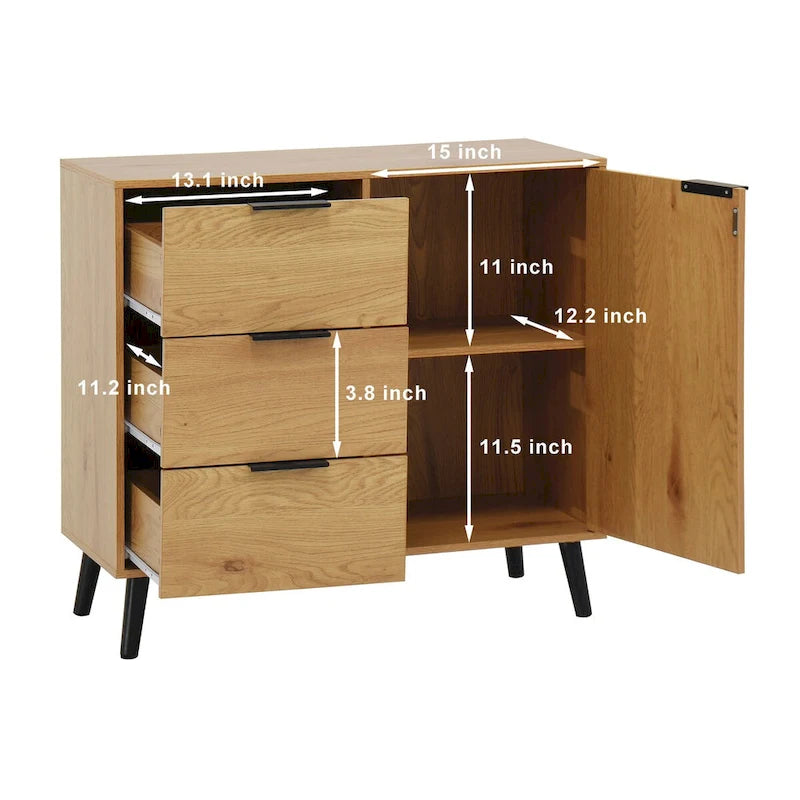 Meuble de rangement avec 3 tiroirs et une étagère réglable, buffet style Mid-Century avec porte, meuble d'appoint pour salon, bureau à domicile