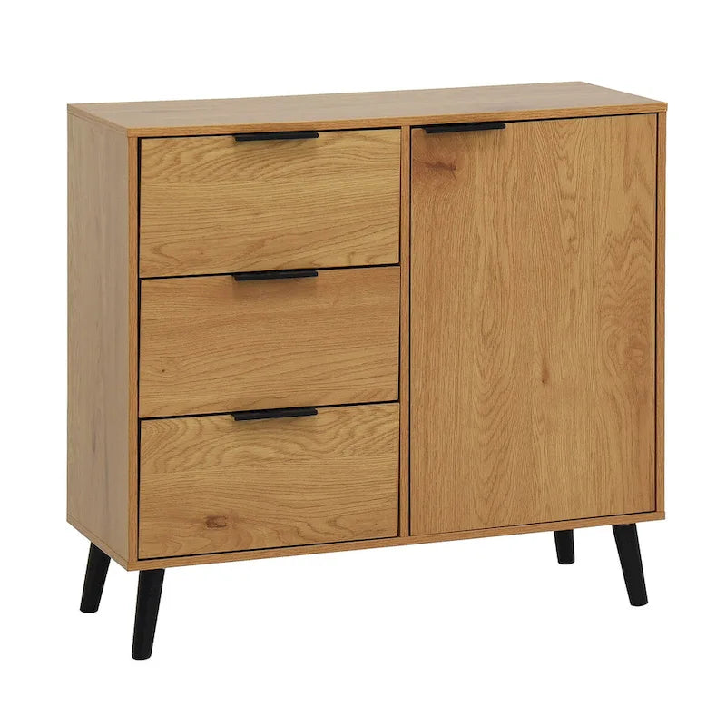 Meuble de rangement avec 3 tiroirs et une étagère réglable, buffet style Mid-Century avec porte, meuble d'appoint pour salon, bureau à domicile