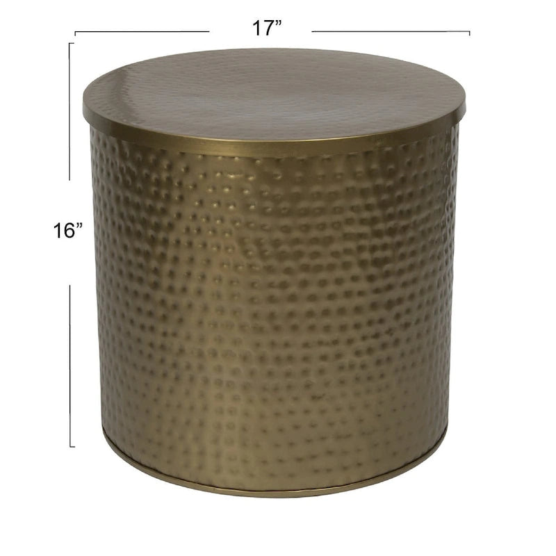 Table Tambour en Métal Martelé Laiton avec Couvercle