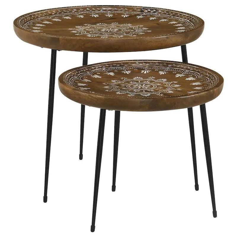 Ensemble de 2 tables gigognes rondes à plateau-serviteur, bords sculptés, motif décoratif, marron