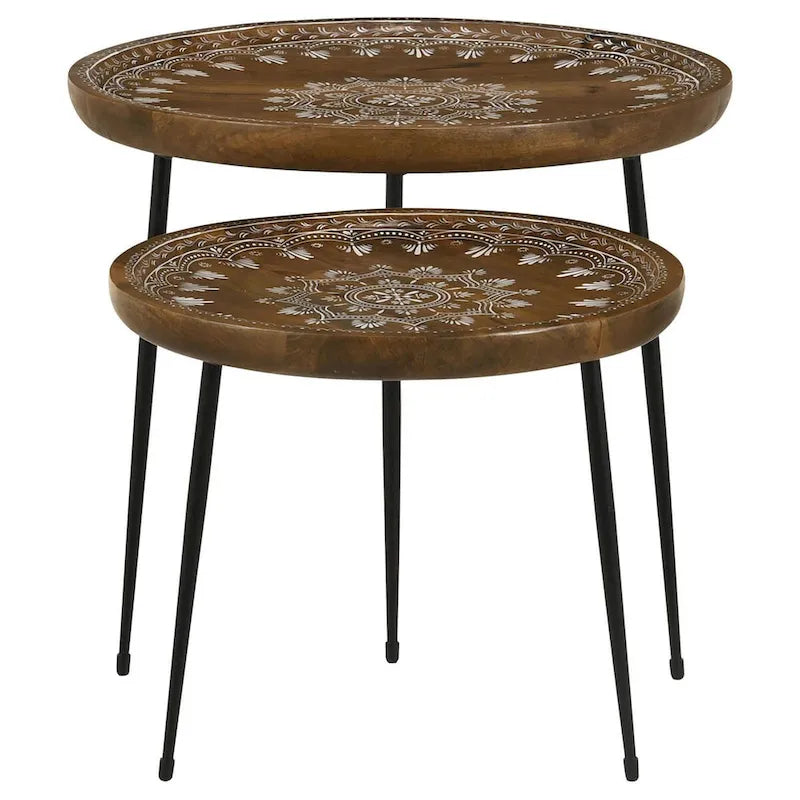 Ensemble de 2 tables gigognes rondes à plateau-serviteur, bords sculptés, motif décoratif, marron
