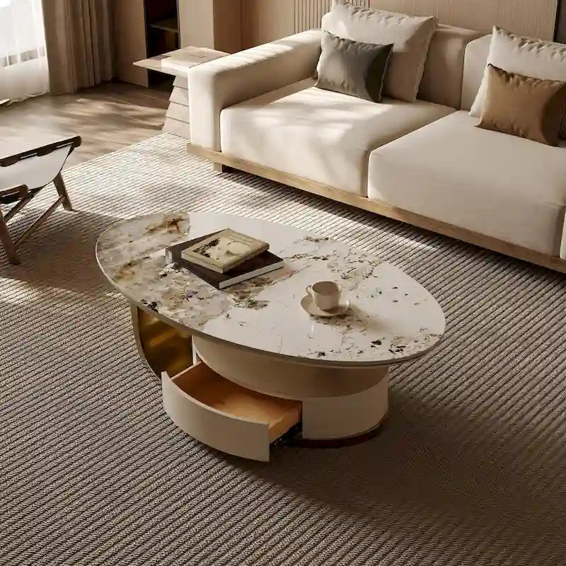 Table basse ovale moderne 51, plateau en pierre frittée, pieds dorés, tiroir - 51,2 X 27,5