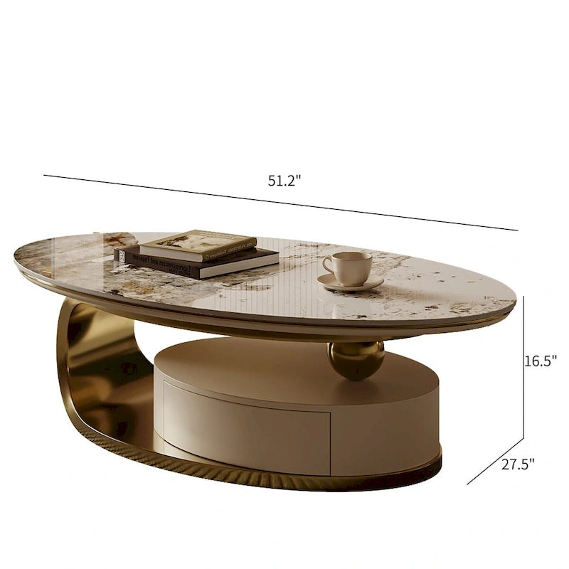 Table basse ovale moderne 51, plateau en pierre frittée, pieds dorés, tiroir - 51,2 X 27,5