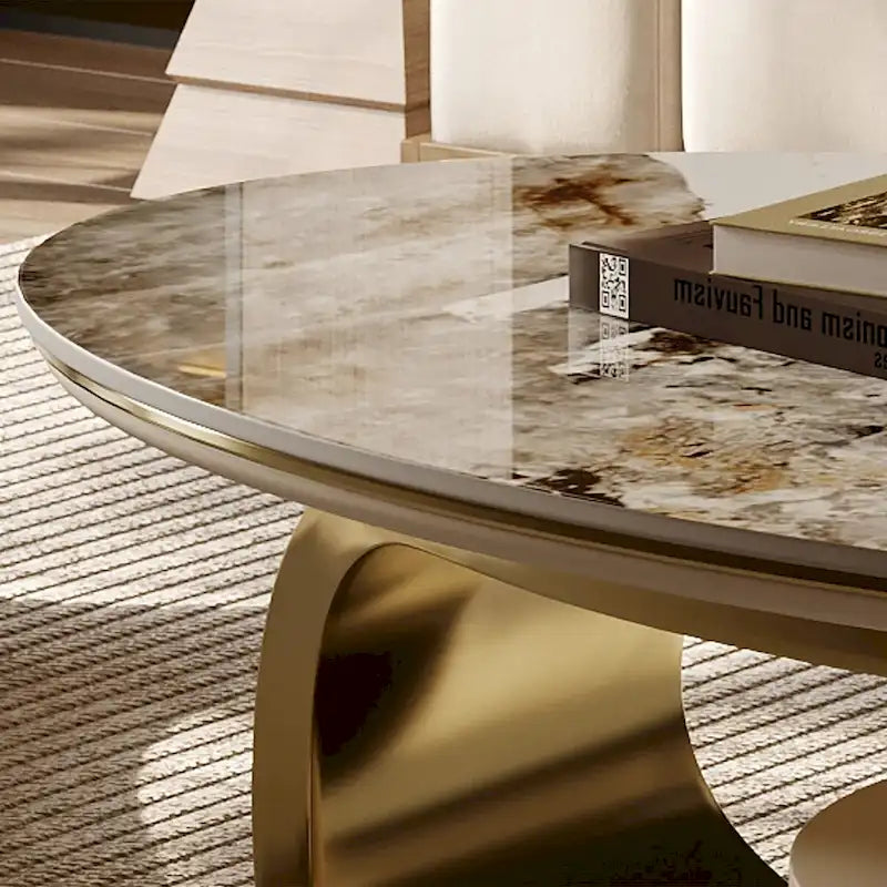 Table basse ovale moderne 51, plateau en pierre frittée, pieds dorés, tiroir - 51,2 X 27,5