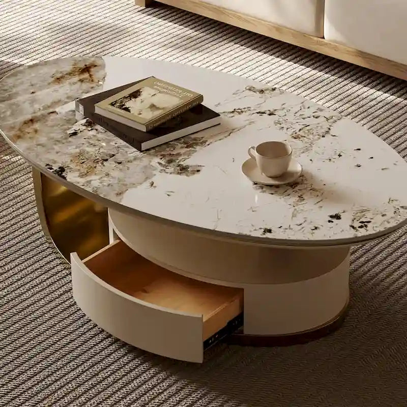 Table basse ovale moderne 51, plateau en pierre frittée, pieds dorés, tiroir - 51,2 X 27,5