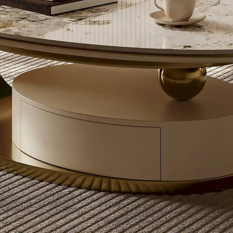 Table basse ovale moderne 51, plateau en pierre frittée, pieds dorés, tiroir - 51,2 X 27,5