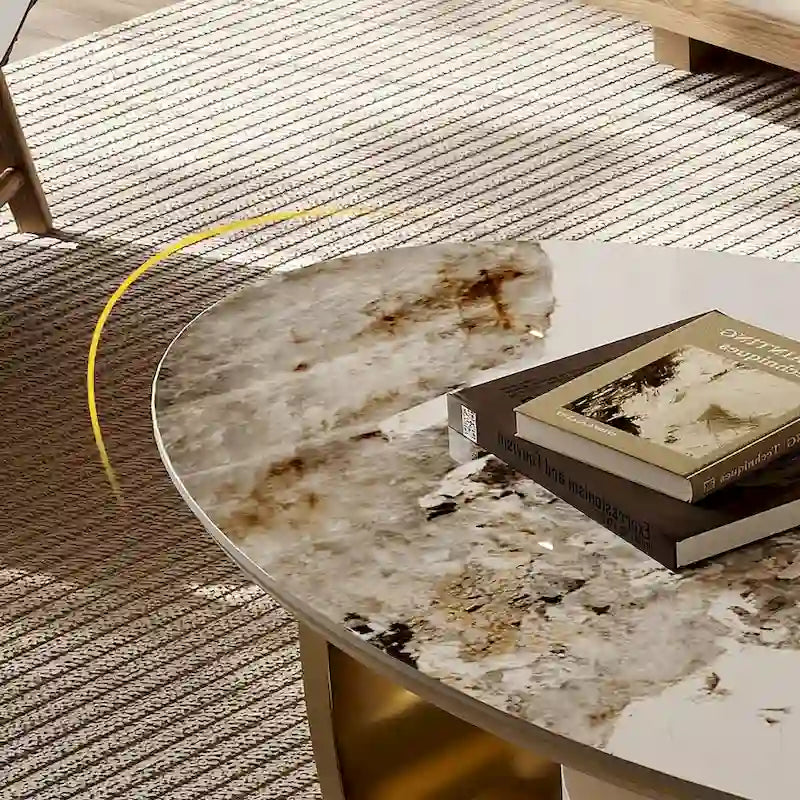 Table basse ovale moderne 51, plateau en pierre frittée, pieds dorés, tiroir - 51,2 X 27,5