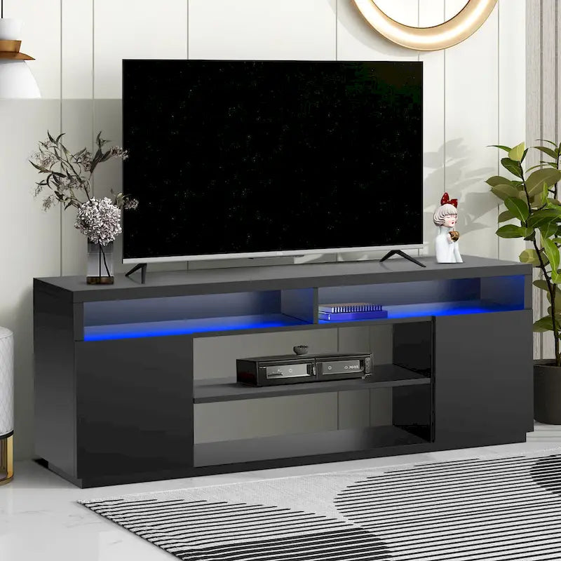 Meuble TV rectangulaire noir moderne avec LED RVB de 68 po pour téléviseurs jusqu'à 75 po