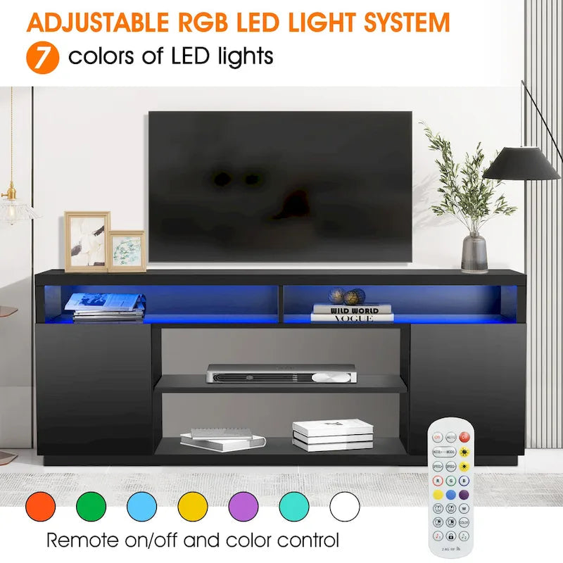 Meuble TV rectangulaire noir moderne avec LED RVB de 68 po pour téléviseurs jusqu'à 75 po