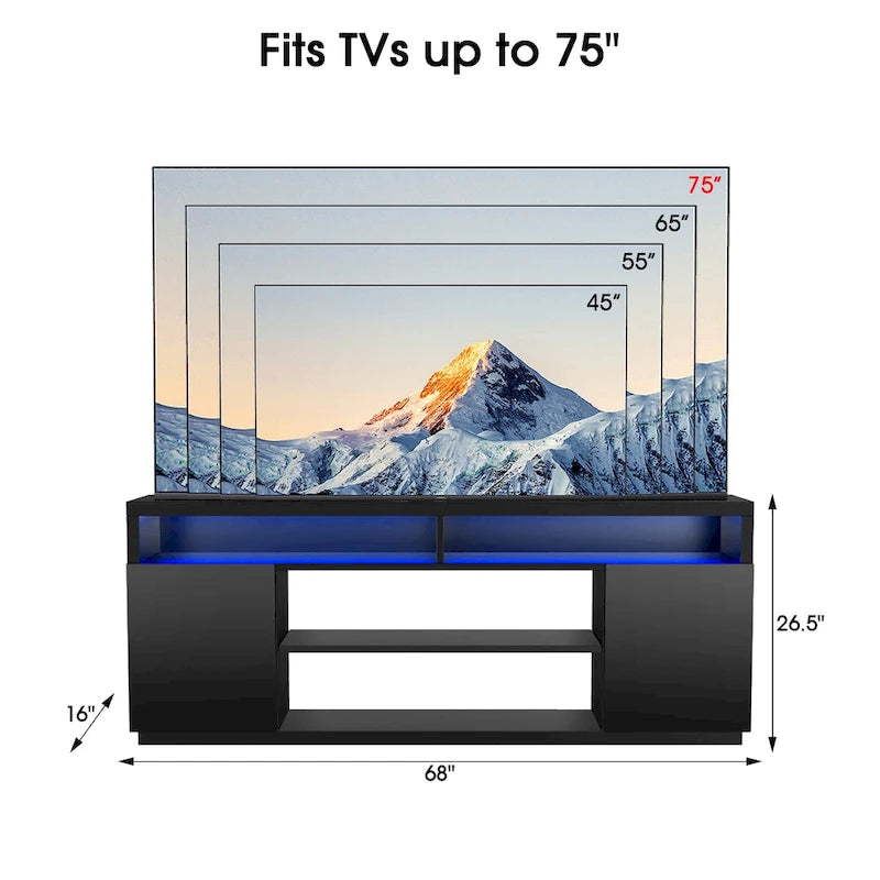 Meuble TV rectangulaire noir moderne avec LED RVB de 68 po pour téléviseurs jusqu'à 75 po