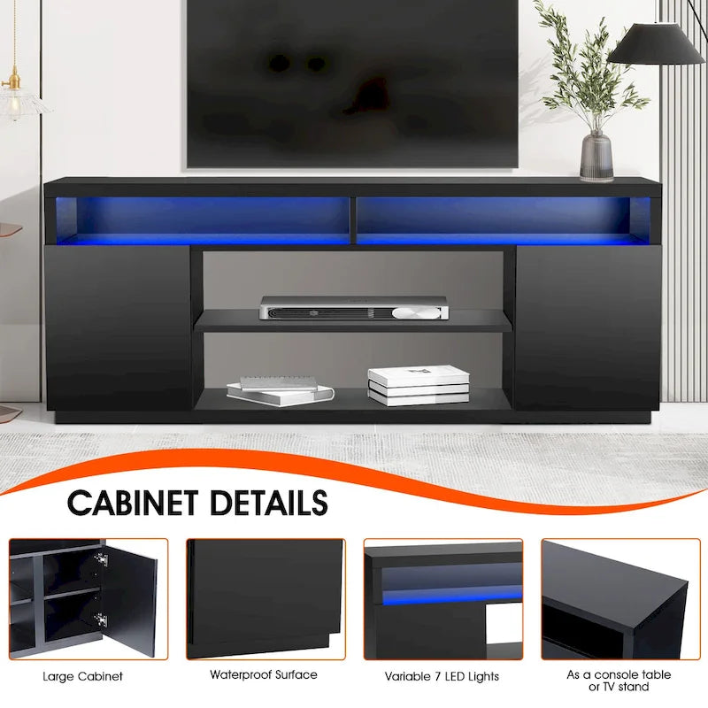 Meuble TV rectangulaire noir moderne avec LED RVB de 68 po pour téléviseurs jusqu'à 75 po